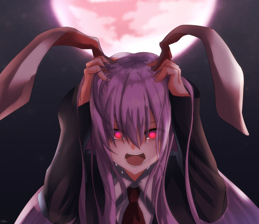 1girl absurdres animal_ears bangs blazer blouse buttons collared_blouse crying full_moon glowing glowing_eyes highres jacket lavender_hair long_hair moon necktie night purple_hair rabbit_ears red_eyes red_moon red_neckwear reisen_udongein_inaba scared screaming shiranui_(wasuresateraito) solo tears touhou very_long_hair white_blouse wide-eyed