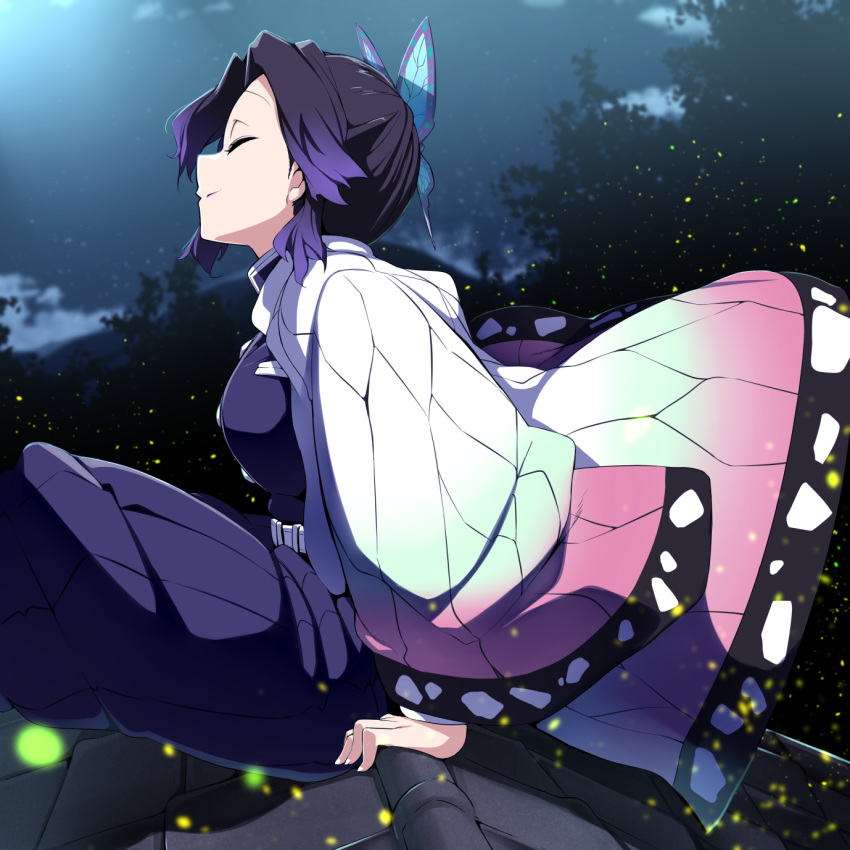 1girl ^_^ butterfly_hair_ornament closed_eyes from_side hair_ornament highres japanese_clothes kimetsu_no_yaiba kimono kochou_shinobu long_sleeves manabebebe night night_sky open_clothes purple_hair rooftop sitting sky smile solo uniform