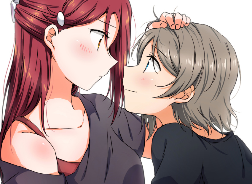 2girls black_shirt blue_eyes blush bra_strap braid closed_mouth collarbone couple cowboy_shot eye_contact french_braid grey_hair hair_ornament hairclip hand_on_another's_head long_hair looking_at_another love_live! love_live!_sunshine!! multiple_girls off_shoulder portrait profile redhead sakurauchi_riko shiny shiny_hair shirt short_hair simple_background sketch smile watanabe_you white_background yellow_eyes yuchi_(salmon-1000) yuri