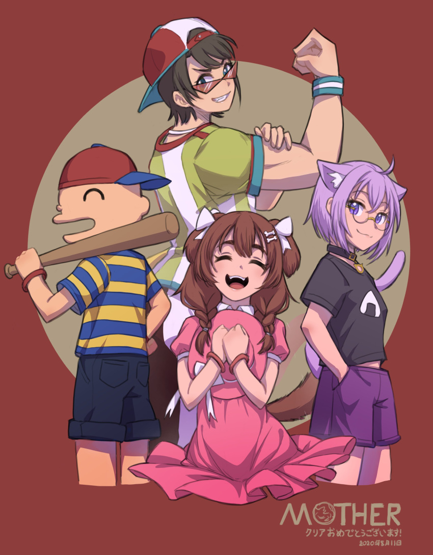 3girls :d absurdres ahoge ana_(mother) ana_(mother)_(cosplay) animal_ears backwards_hat baseball_bat baseball_cap bespectacled blue_eyes bone_hair_ornament braid bras_d'honneur brown_hair cat_ears cat_tail closed_eyes collar commentary_request copyright_name cosplay dated dog_ears dog_tail dress from_behind glasses grin hair_ribbon hands_in_pockets hat hat_removed headwear_removed highres hololive inugami_korone koushake looking_at_viewer mother_(game) mother_1 multiple_girls nekomata_okayu ninten ninten_(cosplay) onigiri_print oozora_subaru open_mouth over_shoulder pink_dress purple_hair red_background ribbon shirt shorts smile striped striped_shirt sunglasses tail tinted_eyewear translation_request twin_braids violet_eyes weapon weapon_over_shoulder white_ribbon wristband