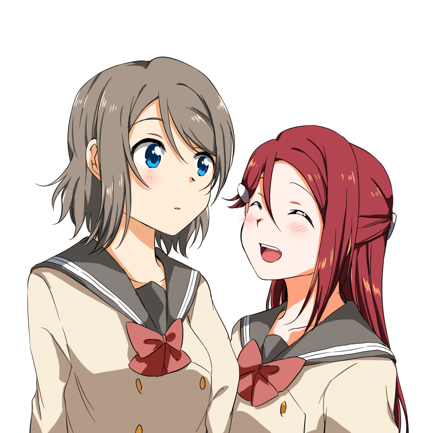 2girls :d absurdres bangs blue_eyes blush bow bowtie braid closed_eyes collarbone french_braid grey_hair grey_sailor_collar hair_between_eyes hair_ornament hairclip highres long_hair love_live! love_live!_sunshine!! multiple_girls open_mouth parted_lips red_bow red_neckwear redhead sailor_collar sakurauchi_riko school_uniform shiny shiny_hair short_hair simple_background smile upper_body uranohoshi_school_uniform watanabe_you white_background yuchi_(salmon-1000)