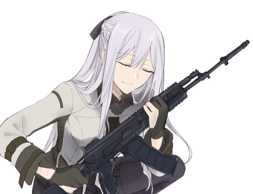 1girl ak-12 ak-12_(girls_frontline) black_gloves black_pants braid closed_eyes eyebrows_visible_through_hair girls_frontline gloves gun hair_ribbon hand_on_weapon holding holding_weapon jacket long_hair pants ribbon rifle silver_hair solo suprii weapon white_background
