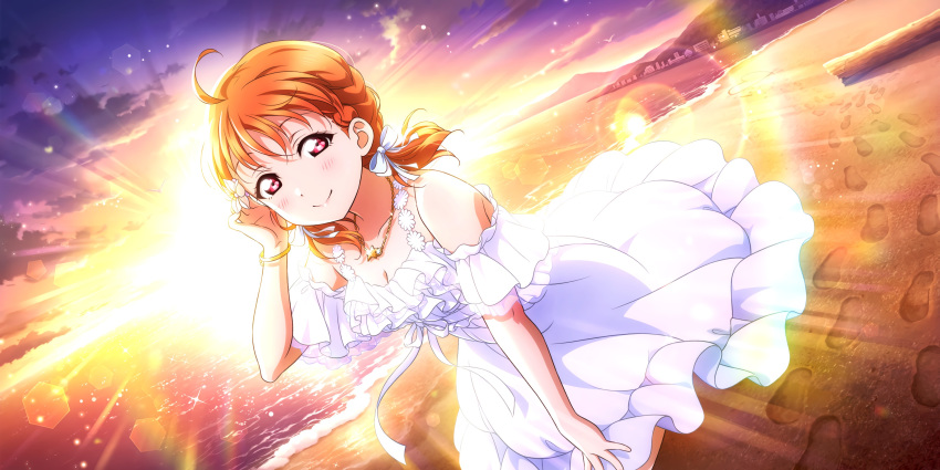 beach bent_over blush dress love_live!_sunshine!! orange_hair red_eyes sea short_hair smile sunset takami_chika