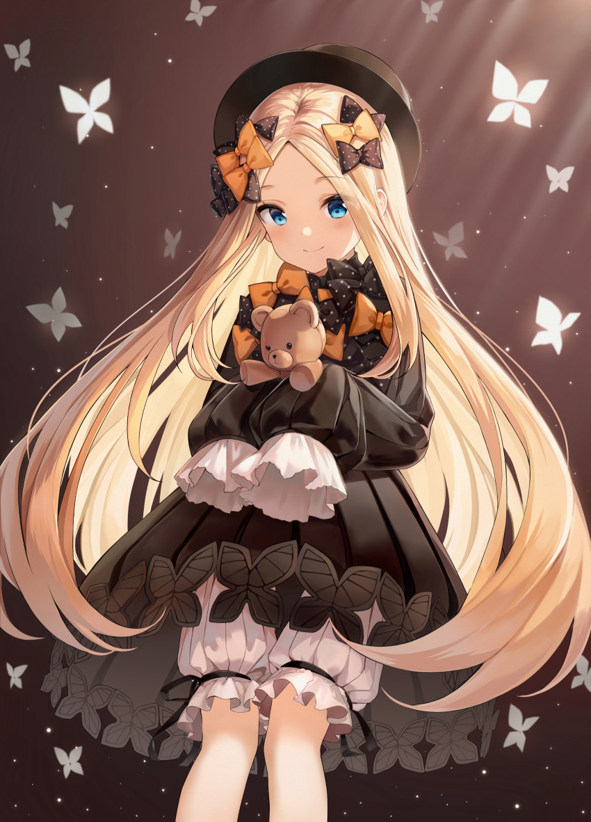 0v0_(l_seohui) 1girl abigail_williams_(fate/grand_order) absurdres animal bangs black_bow black_dress black_headwear blonde_hair bloomers blue_eyes blush bow bug butterfly closed_mouth commentary_request dress eyebrows_visible_through_hair fate/grand_order fate_(series) forehead hair_bow hat highres holding holding_stuffed_animal huge_filesize insect long_hair long_sleeves looking_at_viewer orange_bow parted_bangs polka_dot polka_dot_bow sleeves_past_fingers sleeves_past_wrists smile solo stuffed_animal stuffed_toy teddy_bear underwear very_long_hair white_bloomers