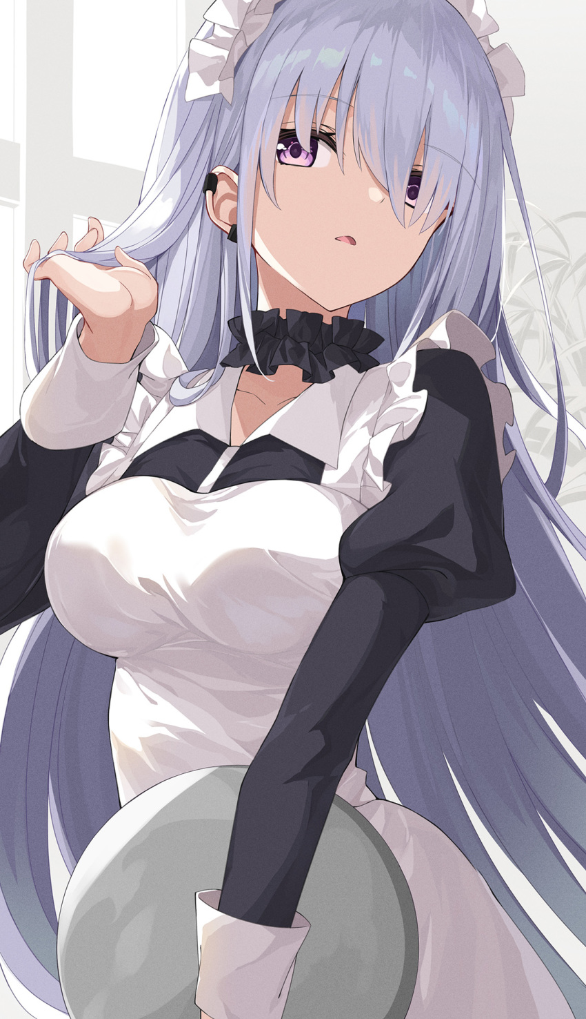 1girl apron bangs breasts choker collarbone dress eyebrows_visible_through_hair frilled_choker frills hair_over_eyes hand_in_hair highres holding holding_tray juliet_sleeves large_breasts long_hair long_sleeves looking_at_viewer maid maid_headdress multiple_piercings original puffy_sleeves silver_hair sleeve_cuffs solo takehana_note tray violet_eyes