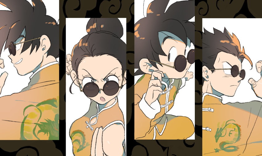 1girl 3boys black_eyes black_hair brothers chi-chi_(dragon_ball) china_dress chinese_clothes commentary dragon_ball dragon_ball_z dragon_print dress family father_and_son fighting_stance frown grin hair_bun hair_pulled_back high_collar highres husband_and_wife jacket long_sleeves looking_over_eyewear matching_outfit mother_and_son multiple_boys open_mouth orange_jacket orange_pants print_dress print_shirt shirt short_hair siblings sleeveless sleeveless_dress smile son_gohan son_gokuu son_goten spiky_hair sunglasses tangzhuang v-shaped_eyebrows yukke_(cocorikokke)
