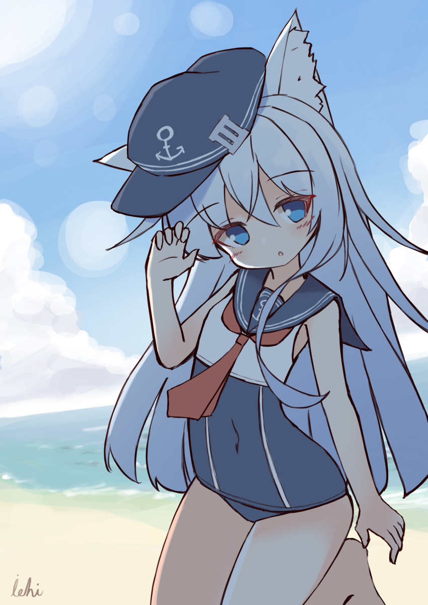 1girl :o absurdres anchor_symbol animal_ear_fluff animal_ears artist_name bangs barefoot beach black_headwear blue_eyes blue_sailor_collar blue_swimsuit blush claw_pose commentary covered_navel day eyebrows_visible_through_hair flat_cap hair_between_eyes hand_up hat head_tilt hibiki_(kantai_collection) highres horizon ichi kantai_collection kemonomimi_mode ocean old_school_swimsuit one-piece_swimsuit outdoors parted_lips red_neckwear sailor_collar sand school_swimsuit shirt signature silver_hair sleeveless sleeveless_shirt solo standing standing_on_one_leg swimsuit swimsuit_under_clothes symbol_commentary water white_shirt