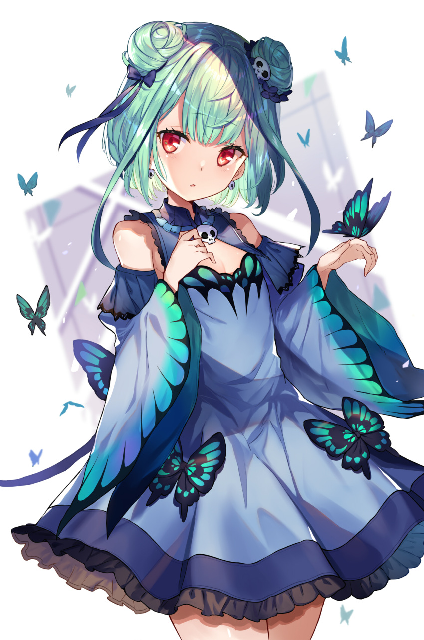 1girl :o abusoru animal bangs bare_shoulders black_bow blue_dress blue_sleeves blush bow breasts bug butterfly commentary_request detached_sleeves double_bun dress earrings eyebrows_visible_through_hair frilled_dress frills green_hair hair_between_eyes hair_bow hair_ornament highres hololive insect jewelry long_sleeves looking_at_viewer parted_lips red_eyes skull_earrings skull_hair_ornament sleeveless sleeveless_dress small_breasts solo uruha_rushia virtual_youtuber white_background wide_sleeves