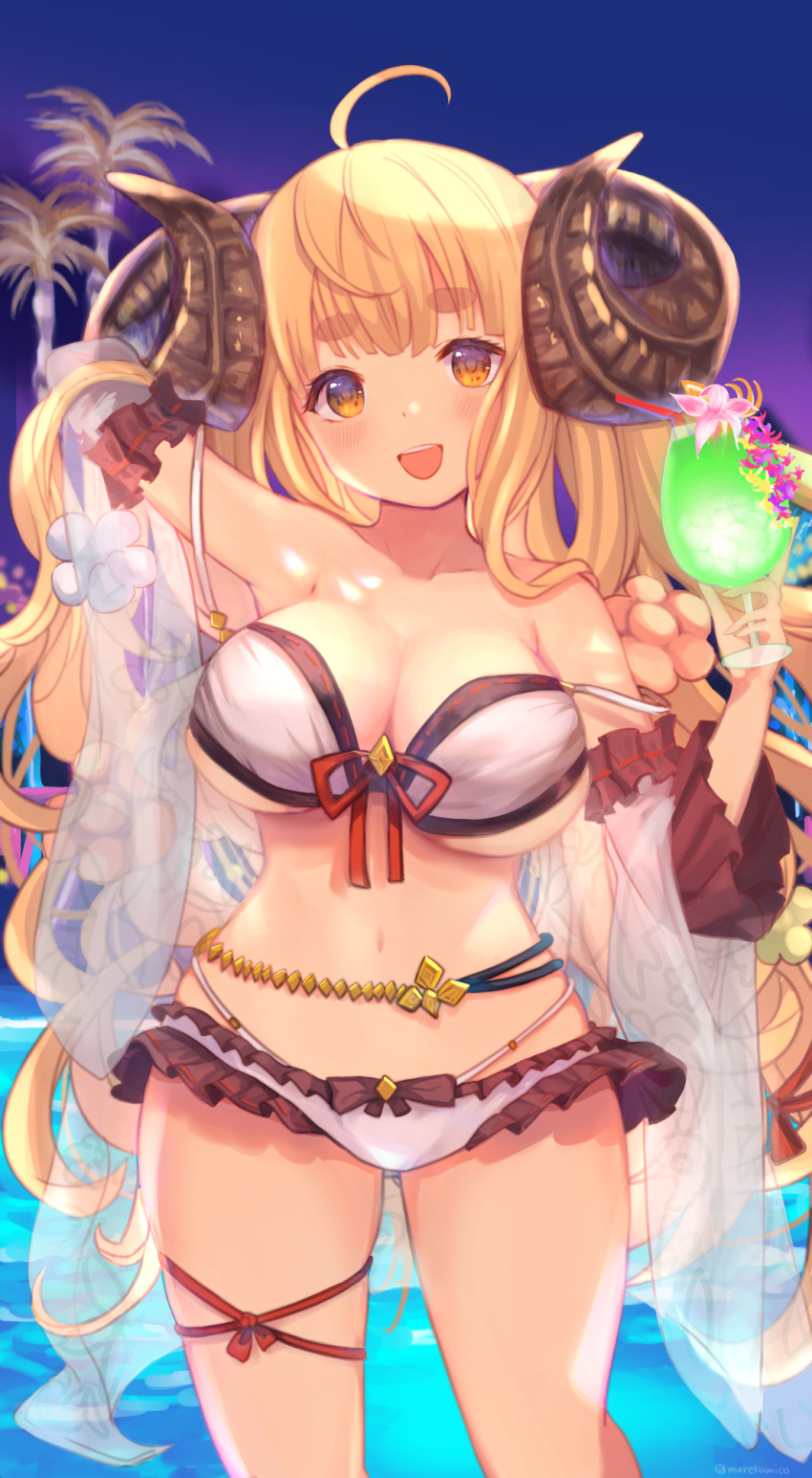 1girl ahoge anila_(granblue_fantasy) bangs bare_shoulders bikini blonde_hair blunt_bangs blush breasts collarbone commentary_request cup draph drink eyebrows_visible_through_hair glass granblue_fantasy highres holding holding_cup horns large_breasts long_hair looking_at_viewer marekamico navel open_mouth sheep_horns smile solo standing swimsuit thick_eyebrows white_bikini yellow_eyes