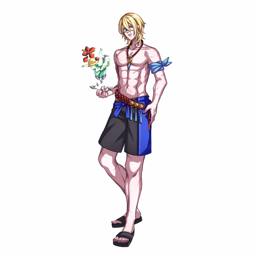 1boy asa_no_suzu belt blonde_hair blue_eyes collar cowboy_shot destroyed dimitri_alexandre_blaiddyd drink eyepatch fire_emblem fire_emblem:_three_houses fire_emblem:_three_houses fire_emblem_16 fire_emblem_heroes flower hibiscus ice_cream ice_cream_scoop intelligent_systems male_swimwear muscles navel nintendo sandals short_hair simple_background smile solo summer super_smash_bros. swim_trunks