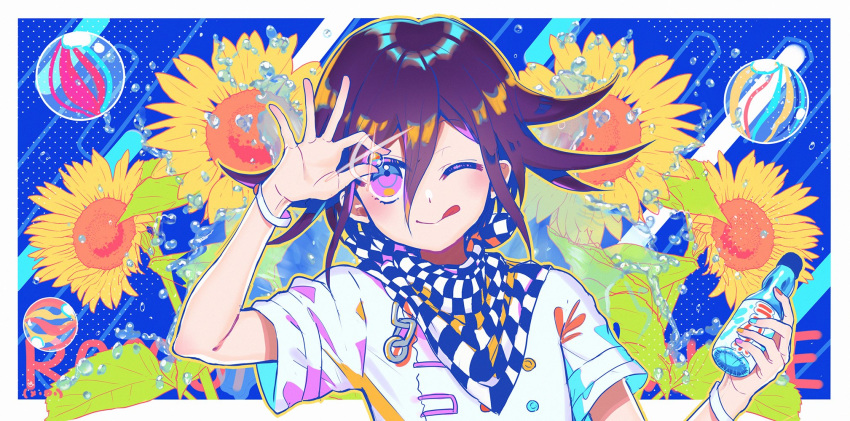 1boy :q blue_background border bracelet bubble buttons chain checkered checkered_scarf colorful dangan_ronpa flipped_hair flower gleam highres jewelry male_focus marble merocake nail_polish new_dangan_ronpa_v3 one_eye_closed ouma_kokichi purple_hair ramune scarf shirt short_hair short_sleeves signature splashing sunflower tongue tongue_out upper_body violet_eyes white_border white_shirt windowboxed