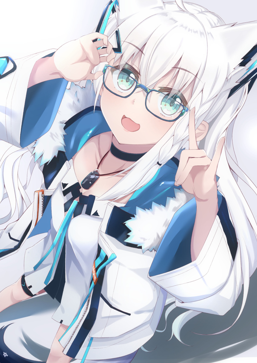 1girl absurdres animal_ears blue_eyes borumete choker collarbone commentary_request eyebrows_visible_through_hair fox_ears fox_girl glasses hair_between_eyes highres hololive jewelry looking_at_viewer necklace open_mouth shirakami_fubuki solo tongue virtual_youtuber white_hair