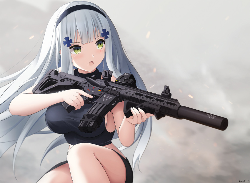 1girl :o assault_rifle bangs bare_arms bare_shoulders black_hairband black_shirt black_skirt blush breasts commentary eyebrows_visible_through_hair facial_mark german_flag girls_frontline green_eyes gun h&amp;k_hk416 hair_ornament hairband highres hk416_(girls_frontline) holding holding_gun holding_weapon keenh large_breasts long_hair looking_away looking_to_the_side midriff object_namesake one_knee open_mouth rifle shirt silver_hair skirt sleeveless sleeveless_shirt solo suppressor trigger_discipline very_long_hair weapon