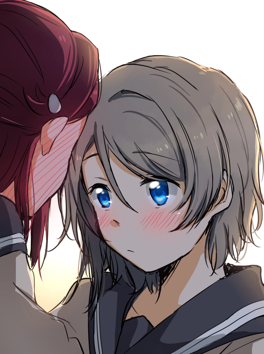 2girls absurdres bangs blue_eyes blush closed_mouth collarbone eyebrows_visible_through_hair grey_hair grey_sailor_collar hair_between_eyes hair_ornament hairclip highres looking_at_another love_live! love_live!_sunshine!! multiple_girls portrait redhead sailor_collar sakurauchi_riko school_uniform shiny shiny_hair short_hair simple_background sketch tied_hair uranohoshi_school_uniform watanabe_you white_background yuchi_(salmon-1000)