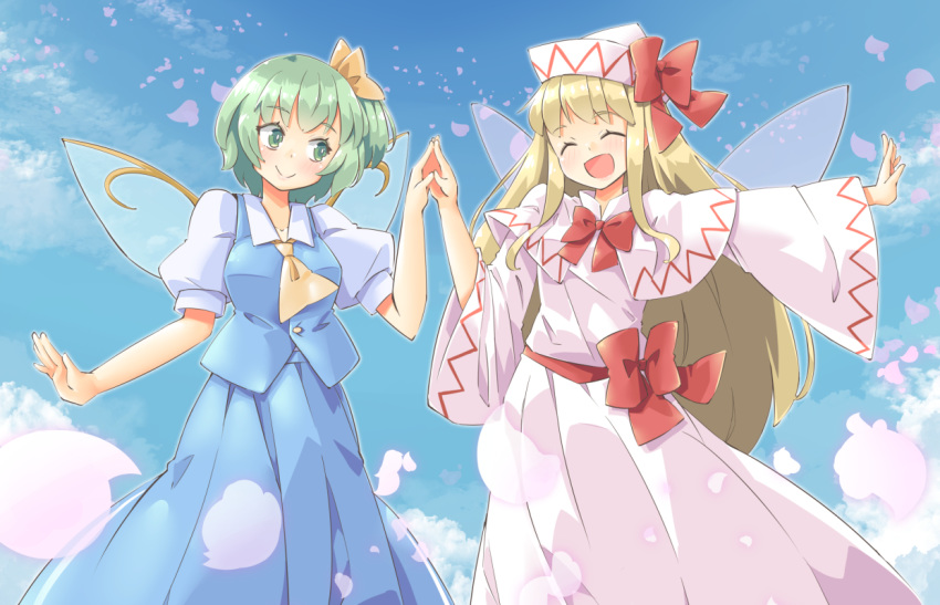 2girls arnest blonde_hair blue_skirt blue_sky blue_vest blush bow bowtie capelet closed_eyes clouds collared_shirt daiyousei dress eyebrows_visible_through_hair fairy fairy_wings green_eyes green_hair hair_bow hands_together hat lily_white long_hair long_sleeves multiple_girls necktie open_mouth petals pleated_skirt puffy_short_sleeves puffy_sleeves red_bow red_neckwear red_sash sash shirt short_hair short_sleeves skirt sky smile touhou vest white_capelet white_dress white_headwear white_shirt wide_sleeves wings yellow_bow yellow_neckwear