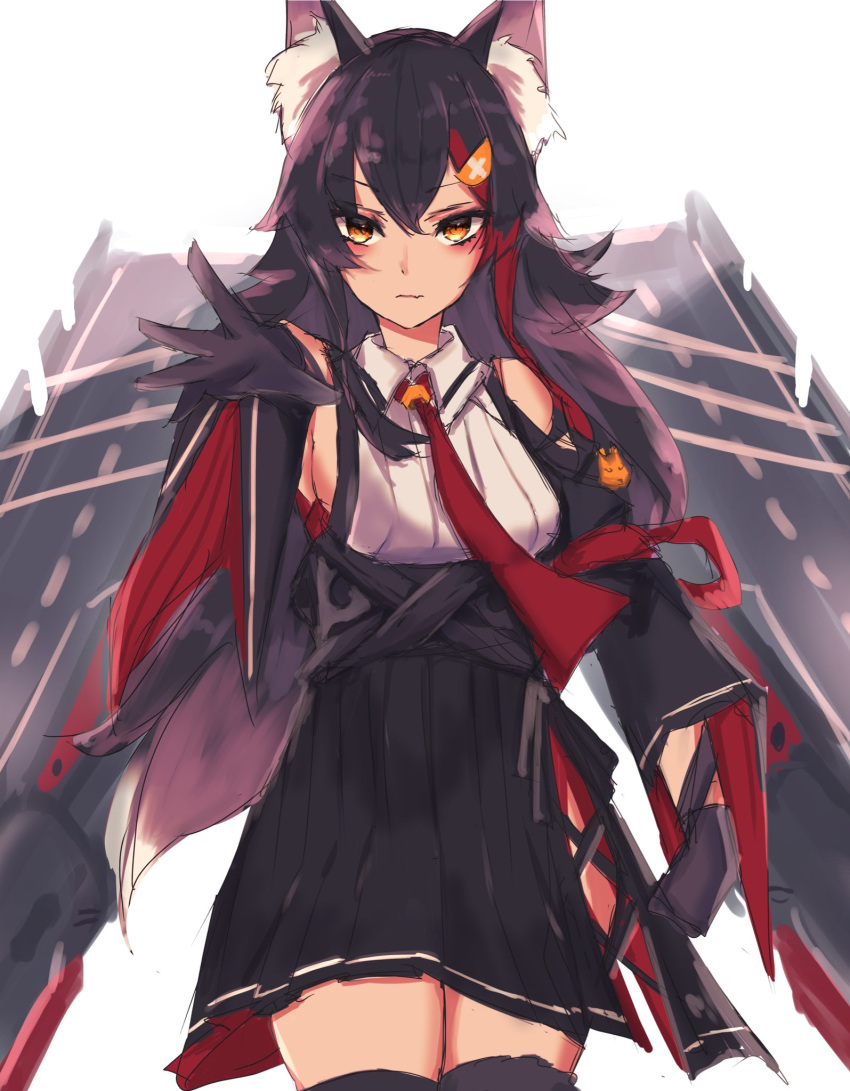 animal_ear_fluff animal_ears azur_lane bangs black_gloves black_hair black_skirt black_sleeves commentary_request detached_sleeves eyebrows_visible_through_hair fox_ears fox_girl fox_tail gloves hair_between_eyes hair_ornament hairclip hanuke highres long_hair looking_at_viewer multicolored_hair necktie ookami_mio outstretched_arm pleated_skirt red_neckwear redhead rigging shirt sidelocks simple_background skirt sleeveless sleeveless_shirt tail two-tone_hair white_background white_shirt yellow_eyes