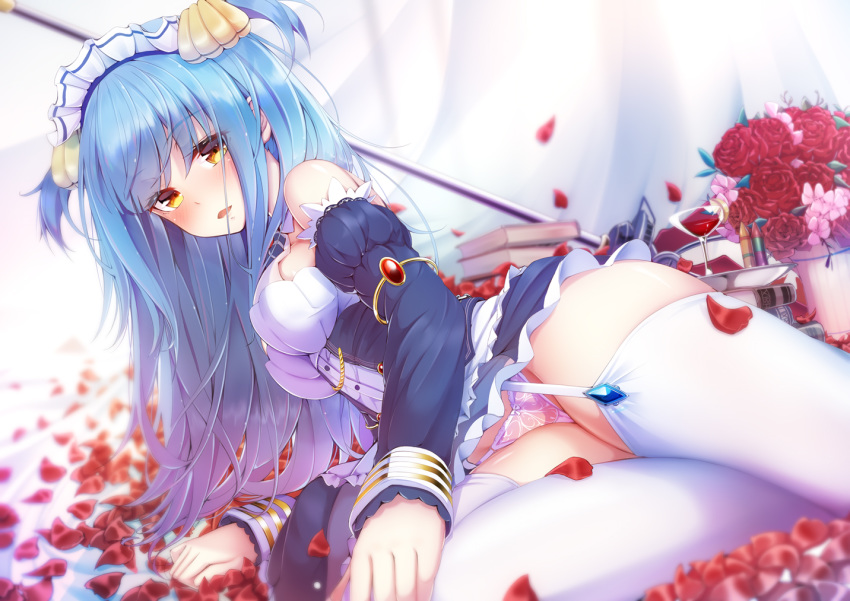 1girl arm_support azur_lane bangs bare_shoulders blue_hair book breasts cherry_blossoms cup curtains detached_sleeves drinking_glass eyebrows_visible_through_hair eyes_visible_through_hair flower frilled_skirt frills garter_straps hair_ornament imo_bouya lace lace_panties long_hair looking_at_viewer lying maid_headdress medium_breasts neptune_(azur_lane) on_side open_mouth panties parted_lips petals pink_panties ribbon rose rose_petals shell_hair_ornament skindentation skirt solo thigh-highs thighs two_side_up underwear white_legwear wine_glass yellow_eyes