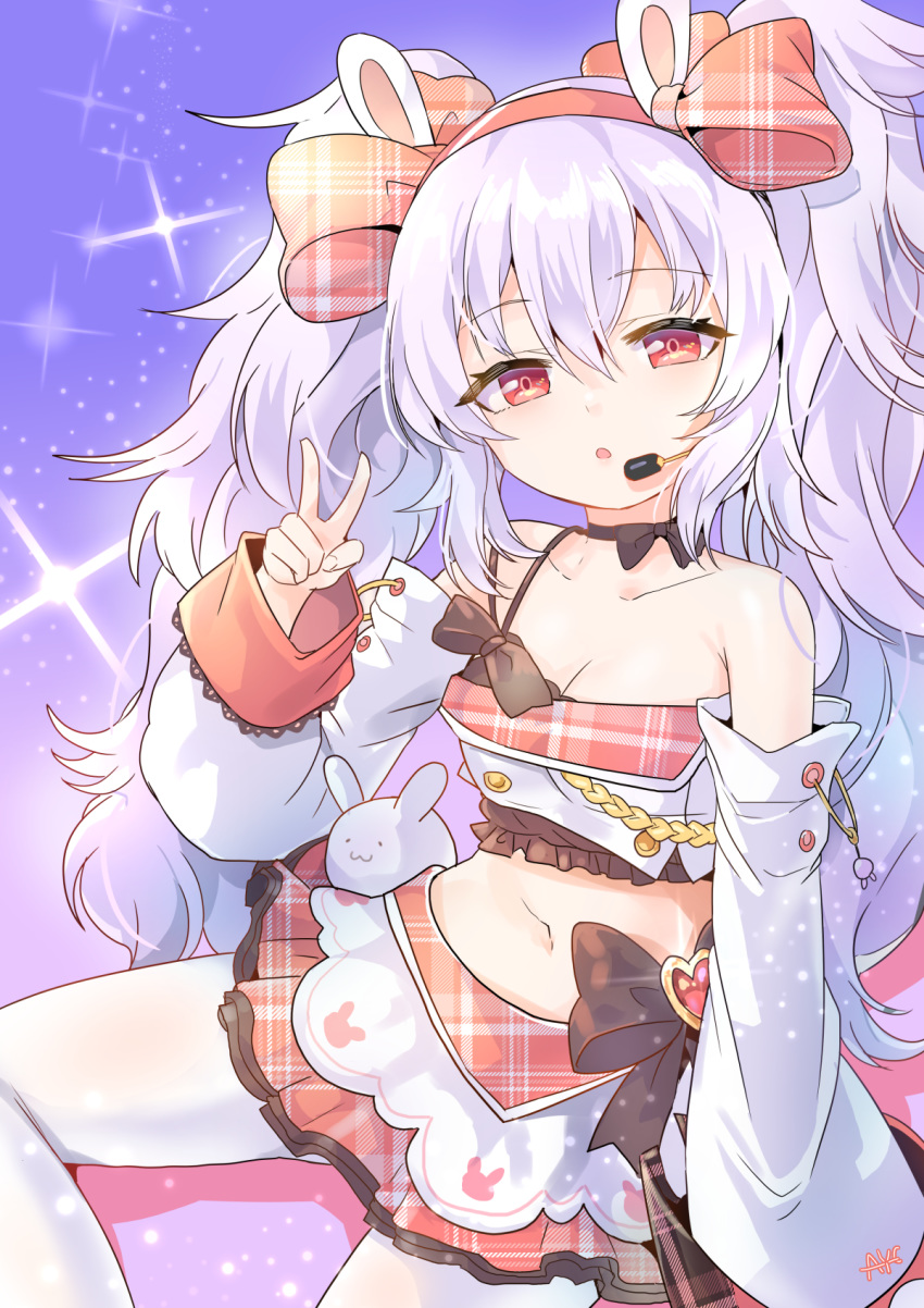 1girl animal_ears aye azur_lane bare_shoulders bow checkered checkered_skirt choker collarbone commentary_request detached_sleeves frilled_skirt frills hair_bow hair_ribbon hairband half-closed_eyes highres laffey_(azur_lane) laffey_(halfhearted_bunny_idol)_(azur_lane) long_hair looking_at_viewer microphone midriff navel pantyhose parted_lips rabbit_ears red_eyes ribbon simple_background sitting skirt solo sparkle twintails v white_hair white_legwear