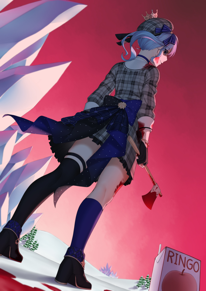 1girl absurdres asymmetrical_legwear back_bow beret black_gloves blood blood_on_face bloody_clothes bloody_weapon blue_eyes blue_hair bow bracelet carolrin checkered commentary crown dress english_commentary evil_grin evil_smile gloves grin hat highres hololive hoshimachi_suisei jewelry juice_box looking_back looking_down project_winter side_ponytail single_sock single_thighhigh smile snow socks solo thigh-highs thigh_strap tree weapon