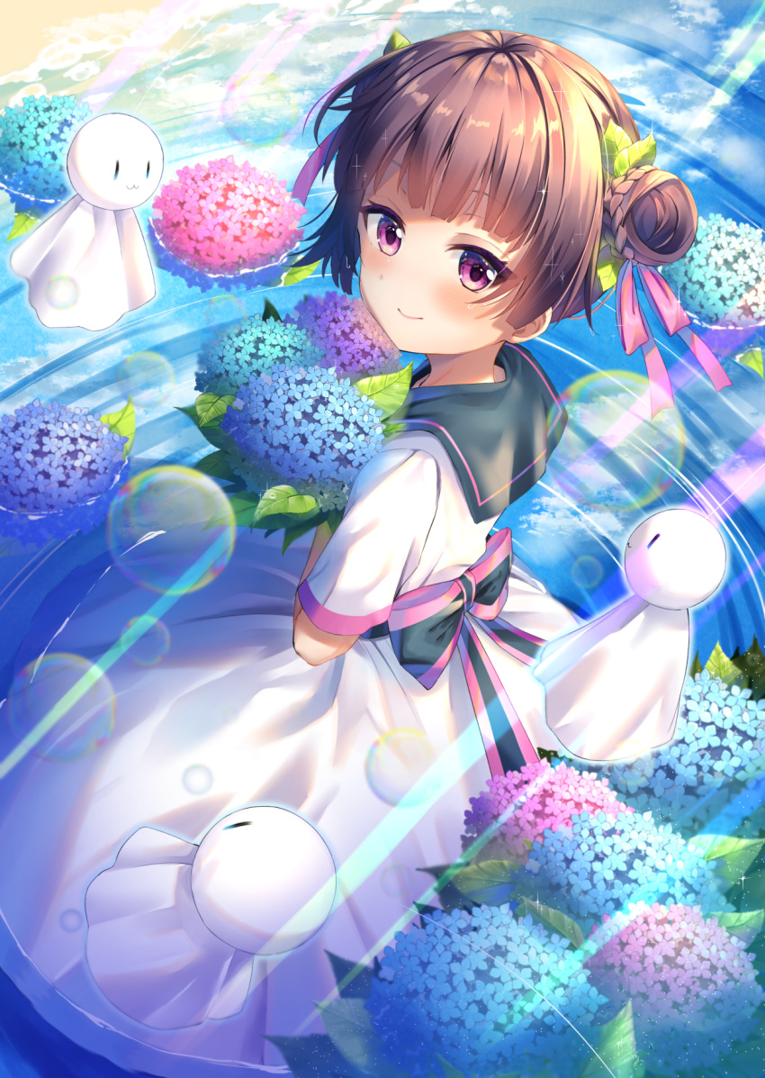 1girl :3 back_bow bangs blunt_bangs bow braid brown_hair bubble closed_mouth clouds commentary_request double_bun dress flower from_above hair_ribbon highres holding holding_flower leaf looking_at_viewer looking_to_the_side original partially_submerged reflection ribbon ripples sailor_collar sky smile solo teruterubouzu torokeru_none violet_eyes water white_dress