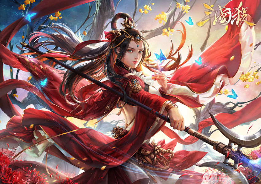 1girl black_hair bug butterfly cdash817 commentary_request flower green_eyes holding holding_lance holding_polearm holding_weapon insect jewelry lance light_particles lips long_hair looking_at_viewer original polearm realistc red_flower red_rose rose solo tree weapon yellow_flower