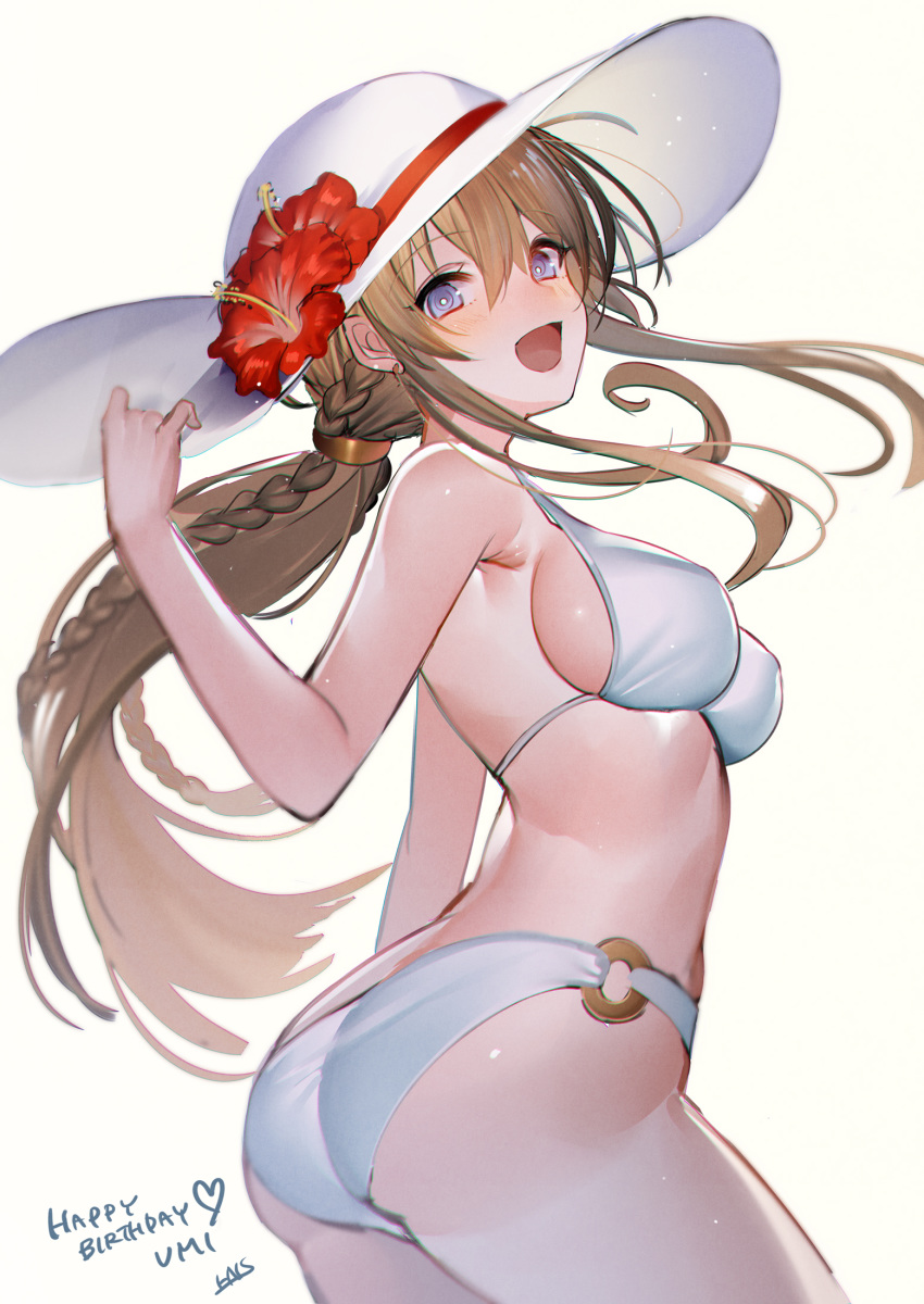 1girl :d alternate_hairstyle artist_name ass bangs bare_arms bare_shoulders beige_background bikini blue_eyes blush braid breasts brown_hair character_name commentary_request eyebrows_visible_through_hair floating_hair flower from_below hair_between_eyes hand_on_headwear hand_up hanusu happy_birthday hat hat_flower hibiscus highres idolmaster idolmaster_million_live! kousaka_umi light_particles long_hair looking_at_viewer looking_back medium_breasts o-ring o-ring_bikini o-ring_bottom open_mouth ponytail red_flower sideboob sidelocks simple_background smile solo standing strap_gap string_bikini sun_hat swimsuit twin_braids white_bikini white_headwear