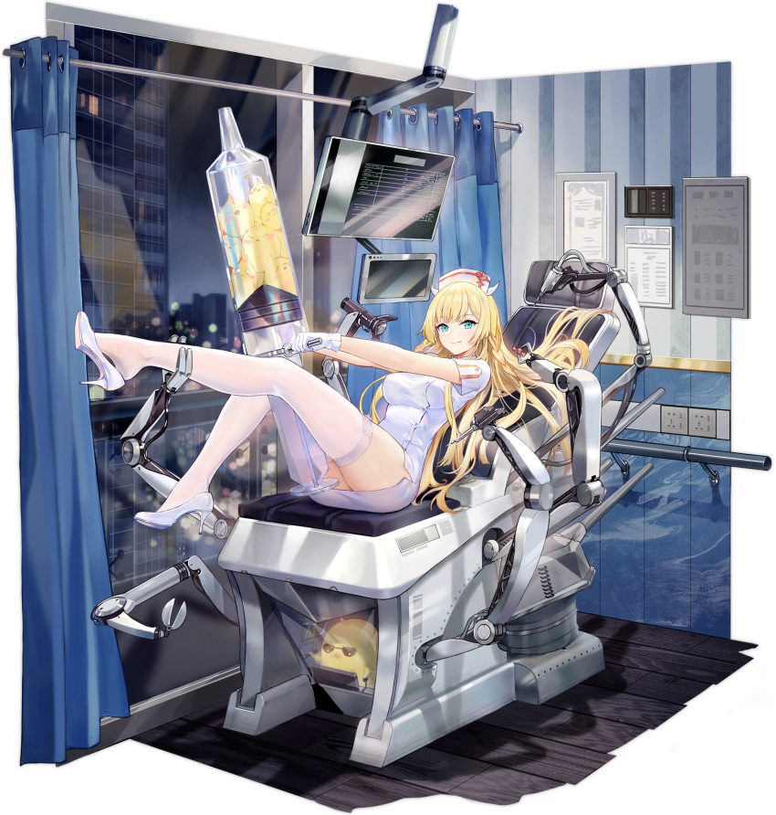1girl azur_lane bird blonde_hair blue_eyes breasts chair chick criin curtains gloves hat high_heels highres horns indoors kongou_(azur_lane) kongou_(talent_hospital)_(azur_lane) large_breasts large_syringe legs_up long_hair looking_at_viewer manjuu_(azur_lane) mechanical_arm monitor nurse nurse_cap off_shoulder official_art outstretched_arms oversized_object reclining shirt shoe_dangle short_sleeves smile solo syringe thigh-highs thighs transparent_background white_footwear white_gloves white_headwear white_legwear white_shirt window zettai_ryouiki