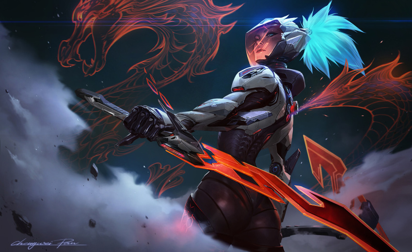 1girl akali alternate_costume blue_eyes blue_hair chengwei_pan cyberpunk cyborg dagger dragon highres league_of_legends long_hair looking_at_viewer ponytail project:_akali solo weapon