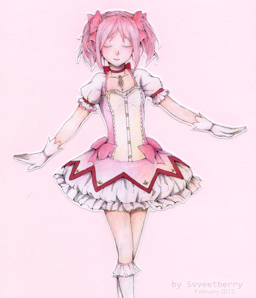 artist_name breasts bubble_skirt choker closed_eyes colored_pencil_(medium) commentary dated english_commentary facing_viewer gloves hair_ribbon highres kaname_madoka kneehighs magical_girl mahou_shoujo_madoka_magica marker_(medium) outstretched_arms photoshop_(medium) pink_background pink_hair pink_ribbon puffy_short_sleeves puffy_sleeves red_choker ribbon short_sleeves simple_background skirt small_breasts solo spread_arms standing svveetberry traditional_media twintails white_gloves white_legwear
