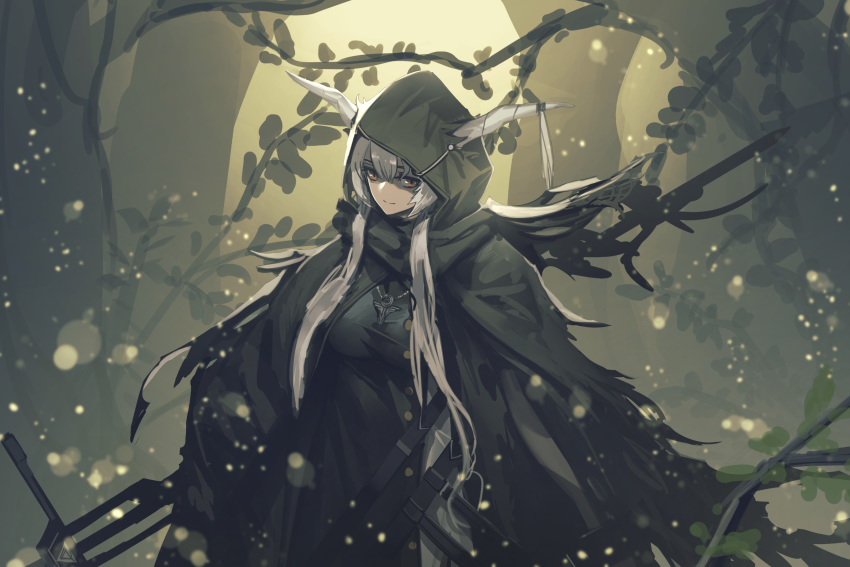 1girl antlers arknights bangs breasts cloak closed_mouth fixro2n forest grey_hair highres holding holding_weapon hood hood_up hooded_cloak horns large_breasts light_particles long_hair long_sleeves looking_at_viewer nature outdoors plant red_eyes shining_(arknights) silver_hair solo sword torn_cloak torn_clothes tree weapon
