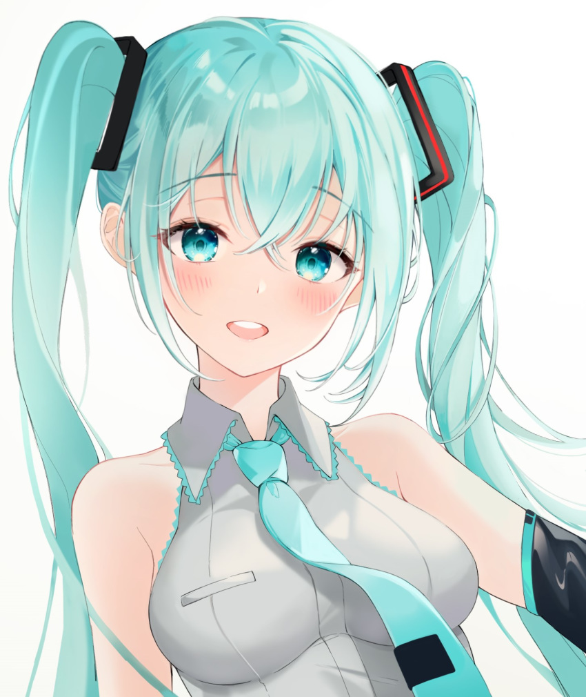 1girl aqua_hair aqua_neckwear bangs bare_shoulders blue_eyes blush breast_pocket breasts collarbone collared_shirt crossed_bangs detached_sleeves grey_background grey_shirt hair_between_eyes hair_ornament hatsune_miku highres impossible_clothes lebring long_hair looking_at_viewer medium_breasts necktie open_mouth pocket shiny shiny_hair shirt simple_background sleeveless sleeveless_shirt smile solo twintails upper_body upper_teeth very_long_hair vocaloid