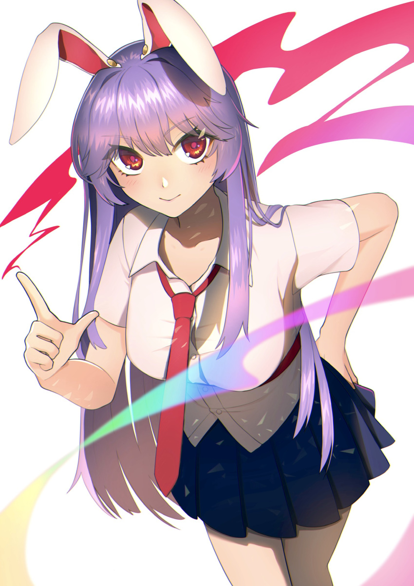 1girl animal_ears blouse blue_skirt breasts buttons commentary commentary_request eyebrows_visible_through_hair highres ino_. large_breasts lavender_hair long_hair looking_at_viewer medium_skirt necktie pleated_skirt purple_hair rabbit_ears red_eyes red_neckwear reisen_udongein_inaba simple_background skirt solo touhou very_long_hair white_background white_blouse