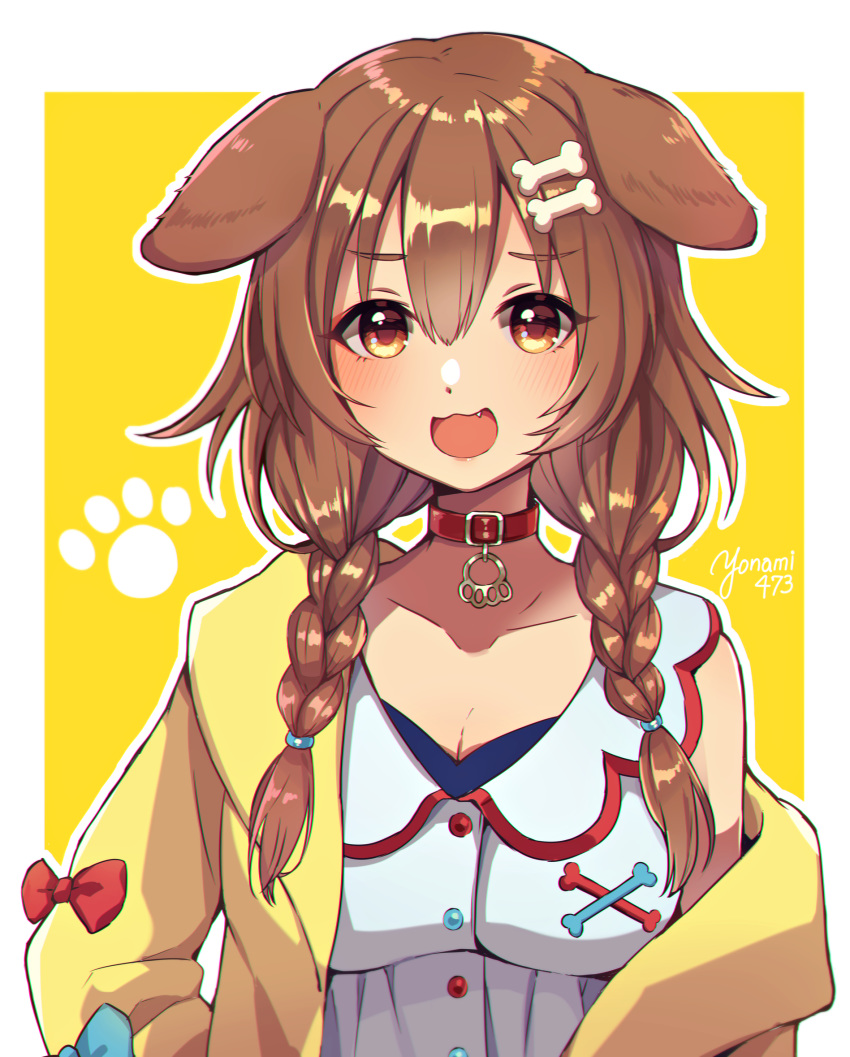 1girl :3 :d animal_ears bangs blue_bow blush bone_hair_ornament bow braid breasts brown_eyes brown_hair buttons cartoon_bone chizuru_(ambient) choker chromatic_aberration collar collarbone dog_collar dog_ears dog_girl dress eyebrows_visible_through_hair fang hair_between_eyes hair_ornament hairclip highres hololive inugami_korone jacket long_hair looking_at_viewer low_twin_braids low_twintails medium_breasts off_shoulder open_mouth paw_background red_bow red_choker red_collar simple_background sleeveless sleeveless_dress smile solo twin_braids twintails twitter_username upper_body virtual_youtuber white_dress yellow_background yellow_jacket
