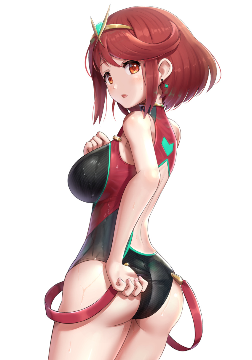 1girl adapted_costume ass back bare_legs black_swimsuit blush breasts commentary competition_swimsuit cowboy_shot earrings from_behind gonzarez hairband hand_on_own_chest highres pyra_(xenoblade) jewelry large_breasts looking_at_viewer looking_back one-piece_swimsuit open_mouth red_eyes red_swimsuit redhead short_hair simple_background solo swimsuit thighs two-tone_swimsuit wet white_background xenoblade_(series) xenoblade_2