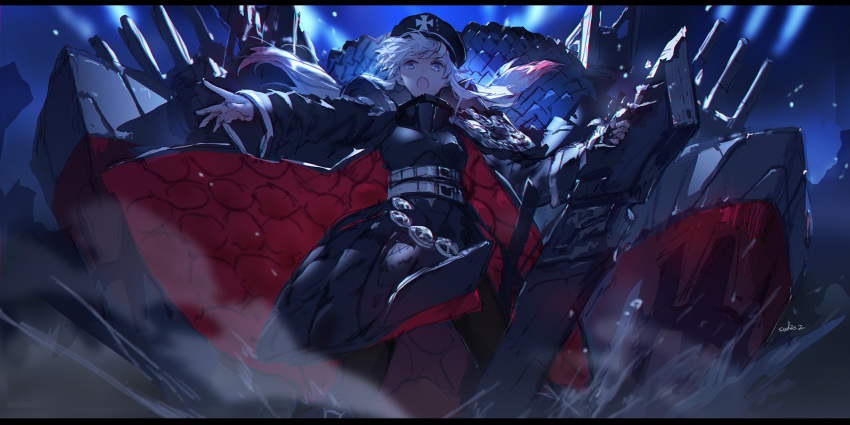 1girl :o armor armored_dress azur_lane belt black_coat black_headwear blue_eyes breastplate coat hat highres holding holding_sword holding_weapon letterboxed long_hair long_sleeves looking_at_viewer machinery military_hat odin_(azur_lane) open_mouth outstretched_arm pantyhose silver_hair solo swd3e2 sword turret weapon