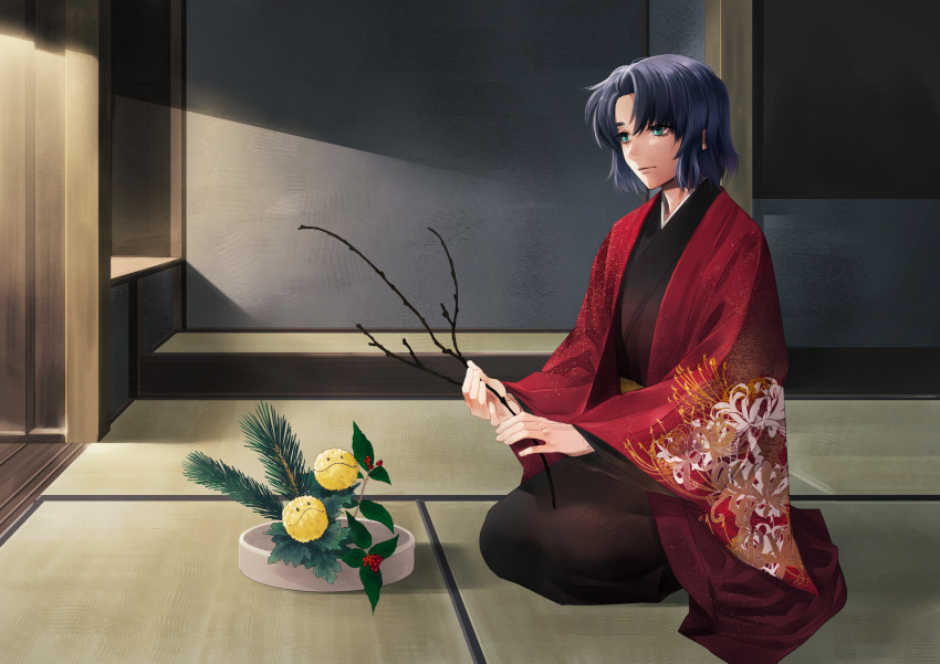 1boy athrun_zala black_kimono blue_hair closed_mouth green_eyes gundam gundam_seed hair_intakes haori haro highres japanese_clothes kimono long_sleeves male_focus nito_minatsuki solo