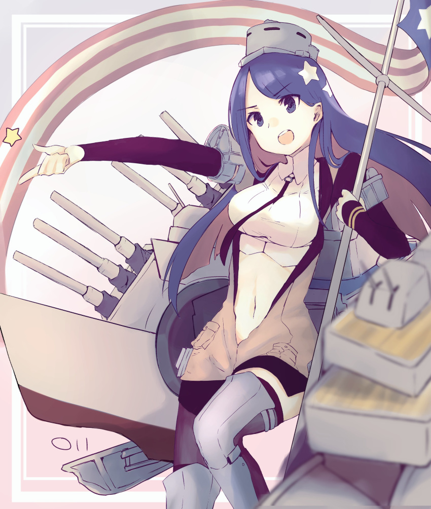 1girl absurdres american_flag black_neckwear blue_eyes blue_hair breasts collared_shirt eyebrows_visible_through_hair highres kantai_collection large_breasts long_hair ma_rukan machinery navel necktie open_mouth pocket rigging shirt signature solo south_dakota_(kantai_collection) star_(symbol) star_print turret upper_teeth white_shirt