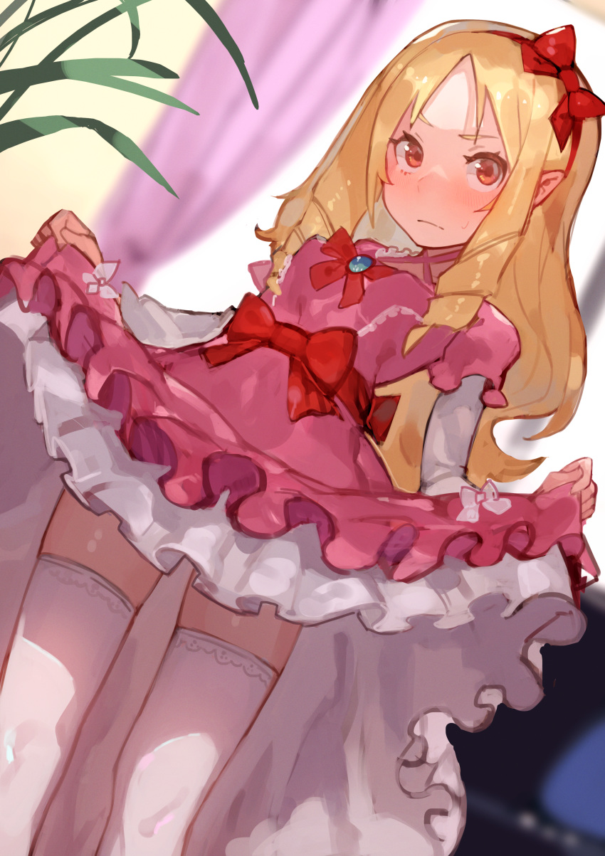 1girl absurdres blonde_hair blurry blurry_background blush bow bowtie commentary_request dress drill_hair dutch_angle eromanga_sensei hair_bow highres huge_filesize indoors long_hair long_sleeves looking_at_viewer pink_dress red_bow red_eyes skirt_hold solo thigh-highs uedrk_yamato upskirt white_legwear yamada_elf zettai_ryouiki