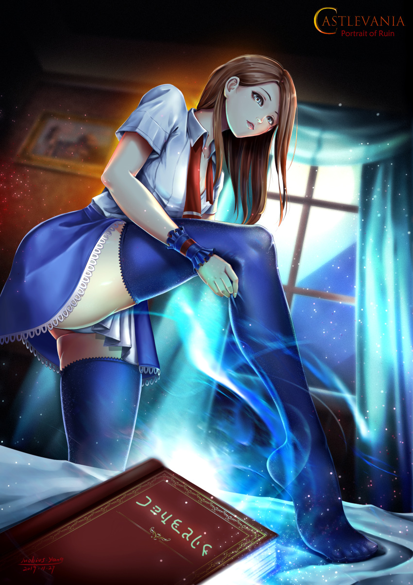 1girl absurdres blue_legwear book castlevania castlevania:_portrait_of_ruin charlotte_aulin dress highres lingerie mobius_yang solo underwear