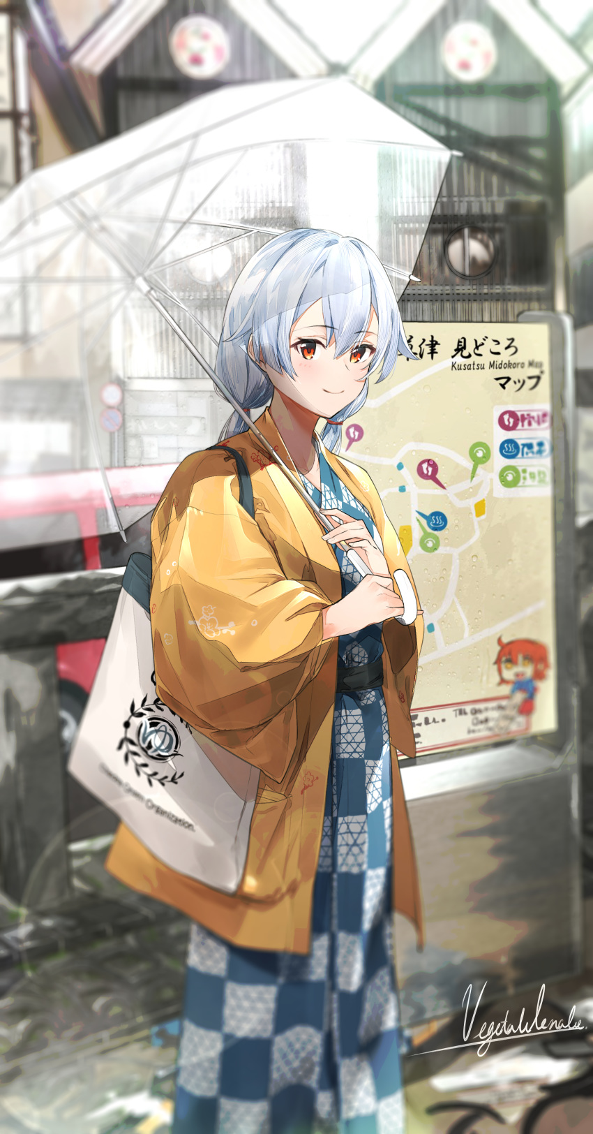 1girl absurdres bag blue_kimono brown_coat car checkered checkered_kimono city coat commentary_request fate/grand_order fate_(series) fujimaru_ritsuka_(female) ground_vehicle hair_between_eyes highres holding holding_umbrella japanese_clothes kimono light_blush light_smile long_hair looking_at_viewer motor_vehicle raincoat red_eyes signature silver_hair solo tomoe_gozen_(fate/grand_order) umbrella vegetablenabe