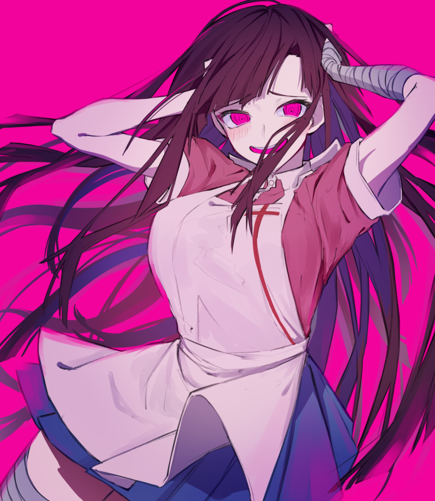 1girl apron bandaged_arm bandaged_leg bandages bangs bare_arms blue_skirt blush breasts commentary_request cowboy_shot dangan_ronpa hands_on_own_head highres iumi_urura large_breasts long_hair open_mouth pink_background pink_eyes pink_shirt purple_hair shirt short_sleeves simple_background skirt solo spiral_eyes super_dangan_ronpa_2 symbol-shaped_pupils tsumiki_mikan white_apron