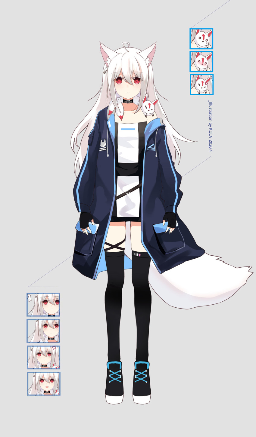 /\/\/\ 1girl :d ahoge anger_vein animal animal_ear_fluff animal_ears bangs black_collar black_footwear black_legwear blue_jacket blush boots closed_eyes collar colored_eyelashes commentary_request dated drawstring dress expressions eyebrows_visible_through_hair fox fox_ears fox_girl fox_tail full_body grey_background hair_between_eyes highres jacket kkkula_(kula) long_hair multiple_views nose_blush o_o off_shoulder open_clothes open_jacket open_mouth original red_eyes smile standing tail thigh-highs white_dress white_hair