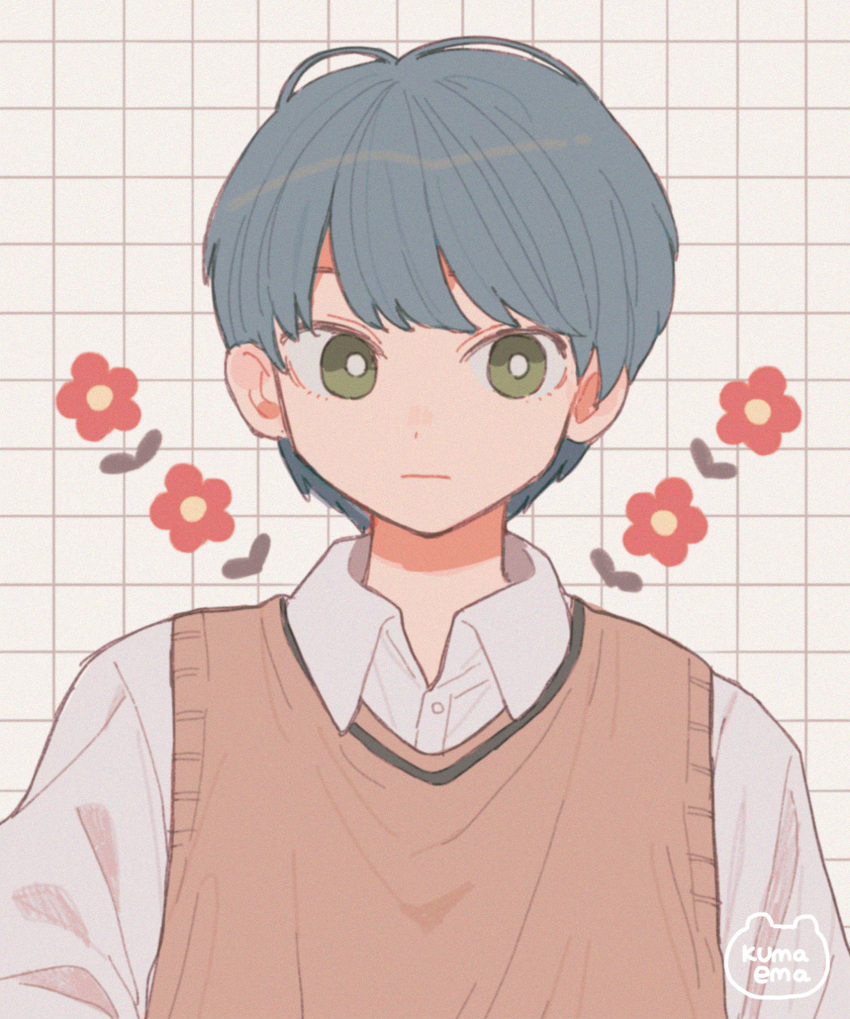 1boy artist_name bangs blue_hair bright_pupils brown_vest closed_mouth collared_shirt flower_(symbol) green_eyes grid_background highres looking_at_viewer male_focus nokanok original shirt short_hair symbol_commentary upper_body vest white_pupils white_shirt wing_collar
