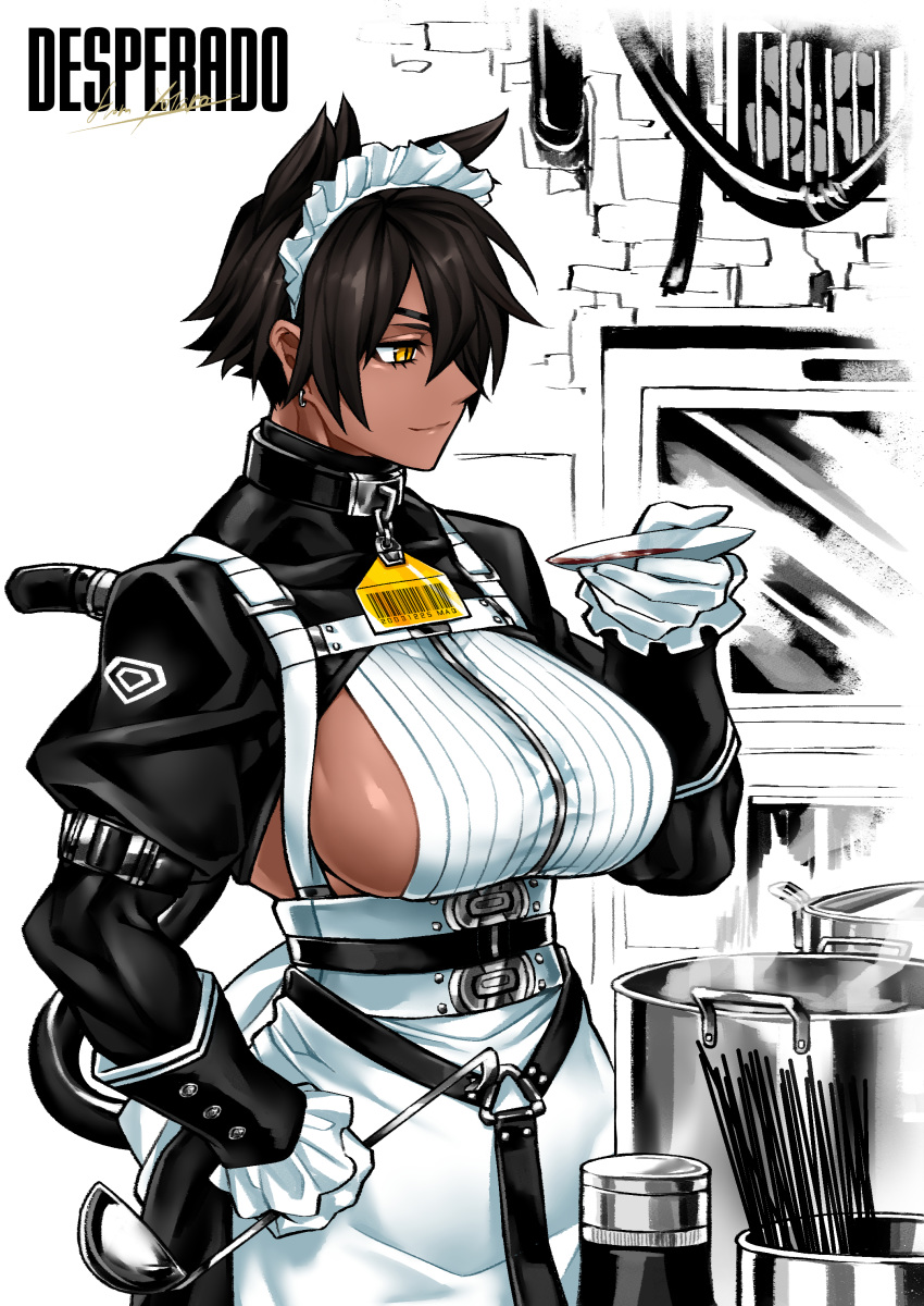 1girl absurdres animal_ears apron barcode black_hair breasts cat_ears cat_tail choker cooking dark_skin dish earrings gloves hair_between_eyes hair_ears highres hiro_(yuto_noirm08) jewelry juliet_sleeves kitchen ladle large_breasts leather long_sleeves maid maid_apron maid_headdress original pot puffy_sleeves short_hair sideboob sleeve_cuffs smile strap tail tasting yellow_eyes