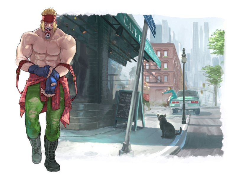 1boy 1girl abs alex_(street_fighter) black_gloves blonde_hair blue_eyes boots can cityscape clothes_around_waist combat_boots commentary_request dog facial_tattoo fingerless_gloves friendly_mutton_chops glove_pull gloves green_pants headband highres mouth_hold mullet muscle pants patricia_(street_fighter) plaid plaid_shirt red_headband scar shirt shirt_around_waist soda_can solo_focus sora-bakabon street_fighter street_fighter_iii_(series) street_fighter_v suspenders_hanging tattoo veins walking