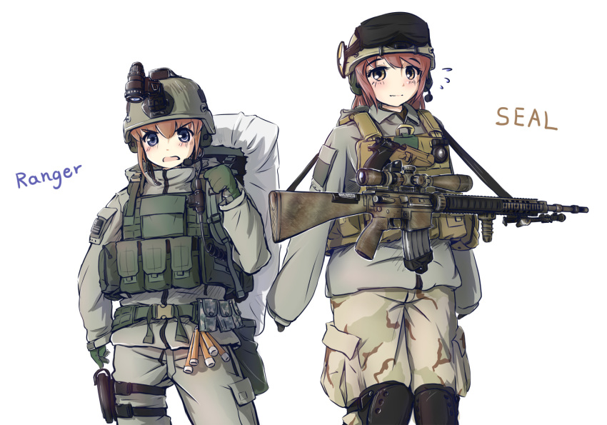 2girls american_flag assault_rifle backpack bag belt belt_pouch blue_eyes brown_eyes brown_hair camouflage camouflage_pants cowboy_shot english_text gloves glowstick goggles goggles_on_headwear green_gloves grey_jacket grey_pants gun handgun headset helmet holstered_weapon jacket knee_pads load_bearing_vest long_hair long_sleeves m16 military military_operator multiple_girls night_vision_device original pants pistol pouch redhead rifle simple_background sniper_rifle tantu_(tc1995) weapon white_background