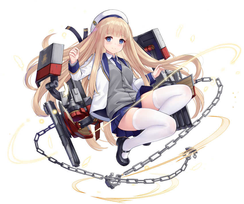 1girl allenes azur_lane beret black_footwear blonde_hair blue_eyes blue_skirt breasts buttons chain coat collared_shirt grey_shirt hat icarus_(azur_lane) long_hair long_sleeves looking_at_viewer machinery mary_janes miniskirt official_art open_clothes open_coat pleated_skirt shirt shoes skirt small_breasts smile solo thigh-highs transparent_background undershirt very_long_hair white_coat white_headwear white_legwear white_shirt zettai_ryouiki