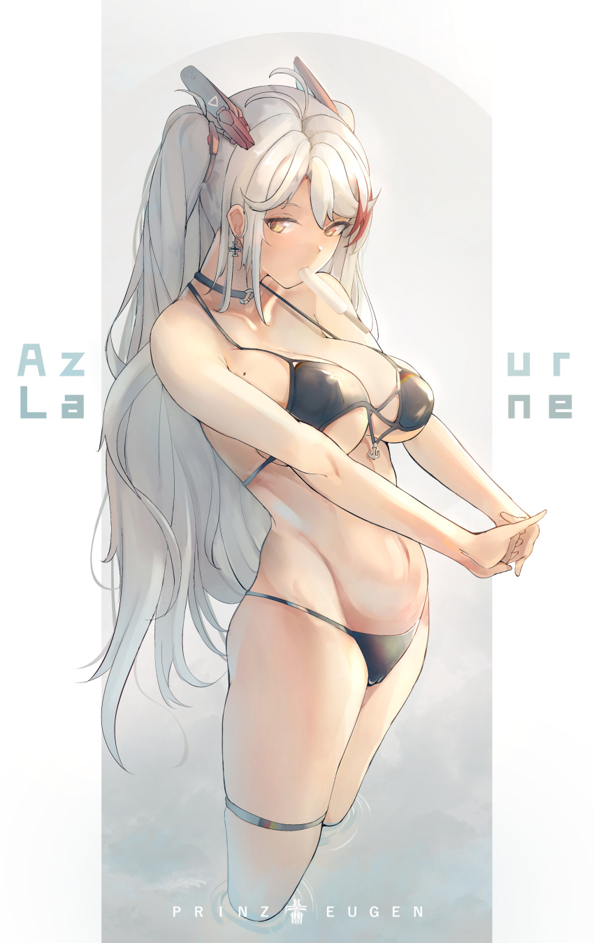 1girl absurdres anchor_symbol antenna_hair azur_lane bangs bikini black_bikini black_choker blush breasts brown_eyes character_name choker cross cross_earrings earrings flag_print food german_flag_bikini groin hands_together headgear highres iron_cross jewelry large_breasts long_hair looking_at_viewer mole mole_on_breast mouth_hold multicolored_hair navel popsicle prinz_eugen_(azur_lane) prinz_eugen_(unfading_smile)_(azur_lane) ribbon side-tie_bikini silver_hair solo stomach streaked_hair swept_bangs swimsuit tan thigh_strap thighs two_side_up very_long_hair wading yusha_(m-gata)