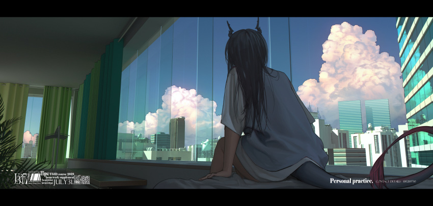 1girl absurdres arknights blue_sky bottle7 casual ch'en_(arknights) cityscape clouds cloudy_sky dated day from_behind highres horns huge_filesize indoors letterboxed long_hair on_bed scenery shirt sitting sky solo t-shirt tail