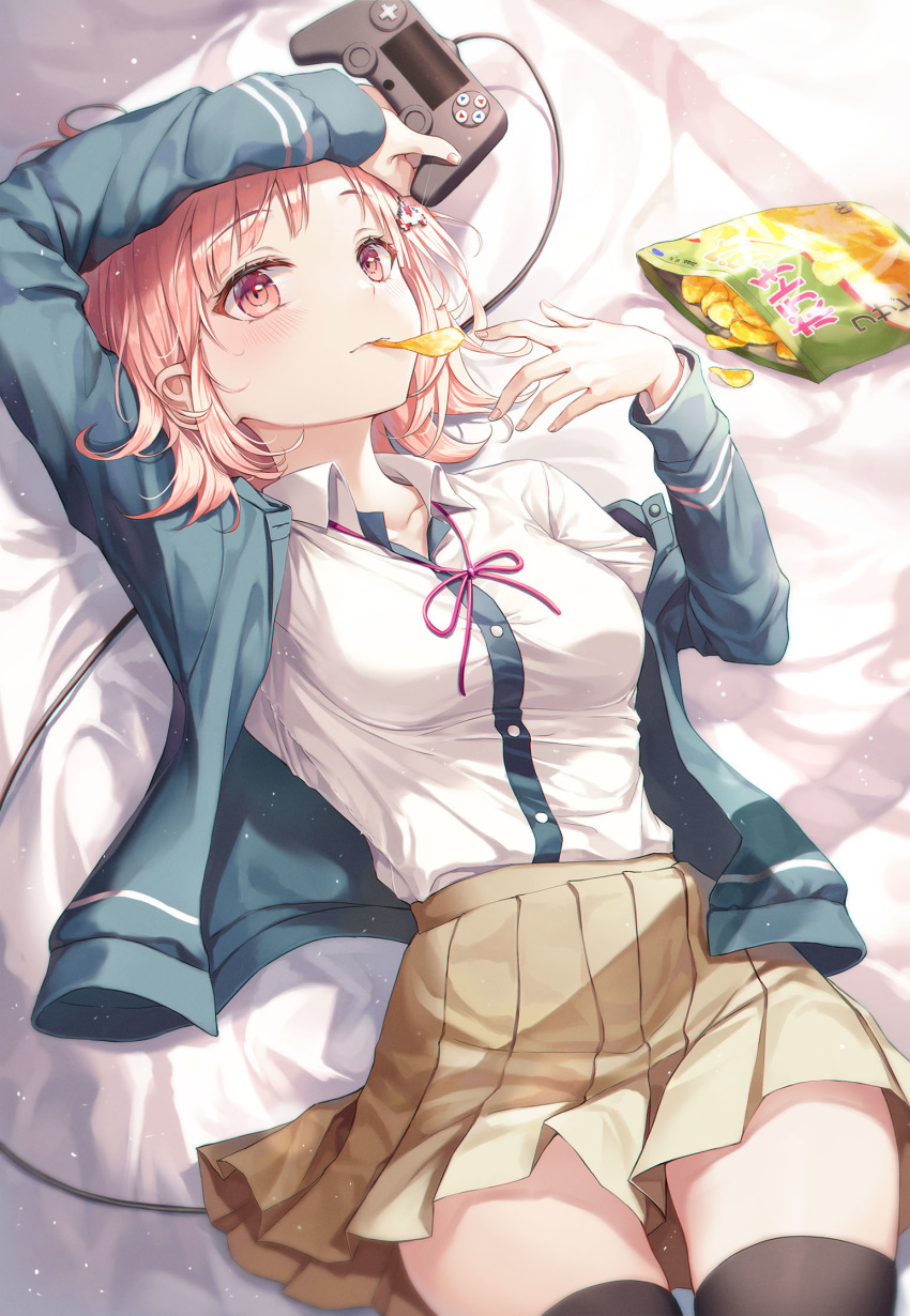 1girl arm_up bed_sheet black_legwear breasts brown_skirt chips collared_shirt controller dangan_ronpa food game_controller hand_up highres jacket long_sleeves looking_at_viewer lying medium_breasts miniskirt nanami_chiaki on_back open_clothes open_jacket playstation_controller pleated_skirt potato_chips r_o_ha school_uniform shirt shirt_tucked_in short_hair skirt solo super_dangan_ronpa_2 thigh-highs white_shirt zettai_ryouiki